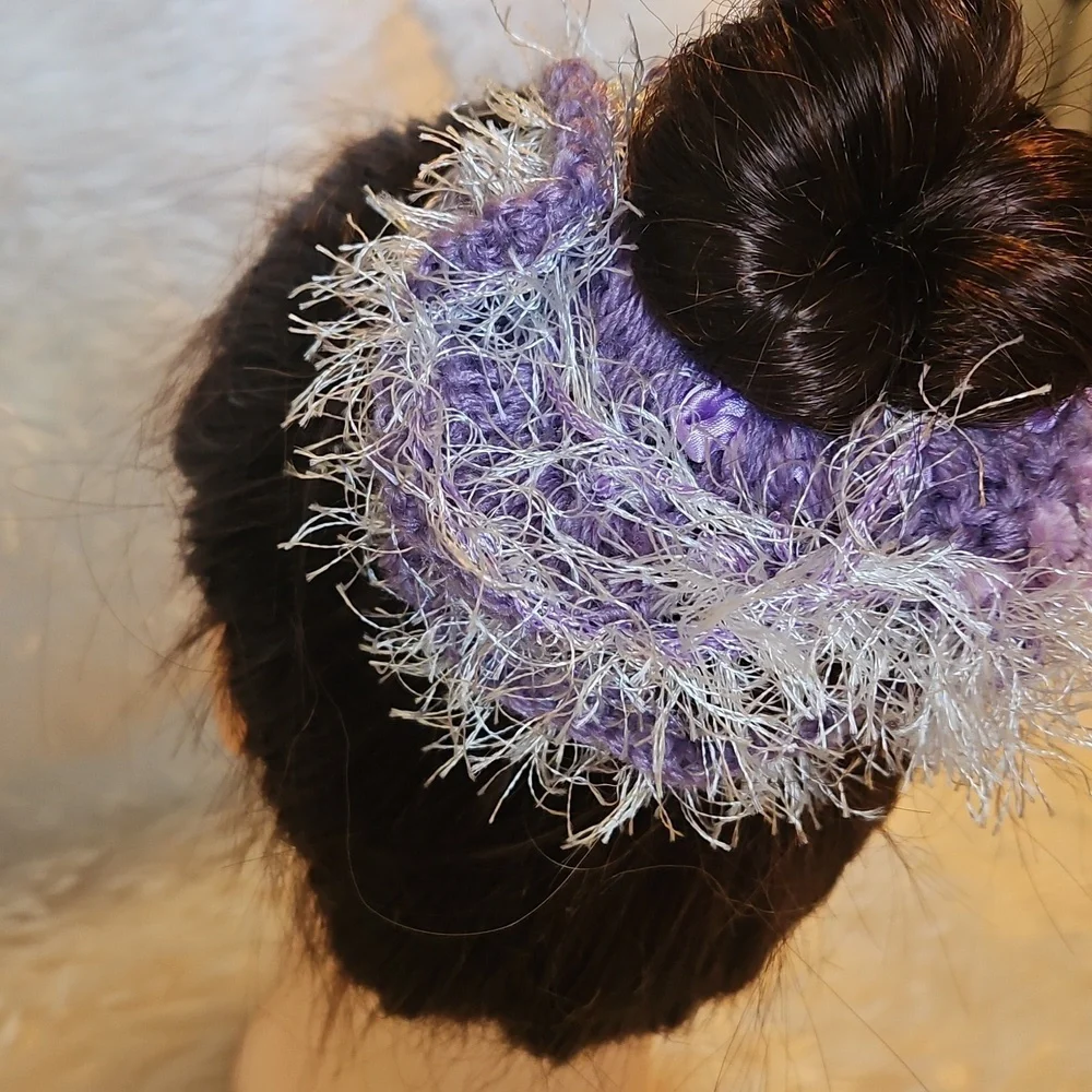 Hand Crafted Purple White Tutu Hair Accessory Crochet Purple Knit Elastic Women